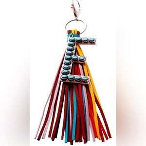 👀 Western Boho Letter “E” Key Chain, Handbag Charm Multicolor Leather Tassel